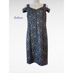 Enfocus Studio Dress Navy/Silver Jacquard Cold Shoulder Sheath Cocktail